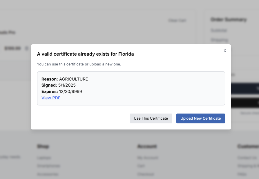 Customer Has a Certificate in the State Dialog