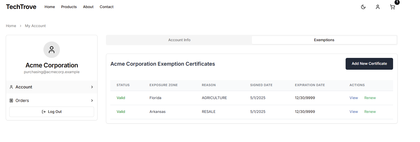 ExemptionIq Customer Certificate Management Table